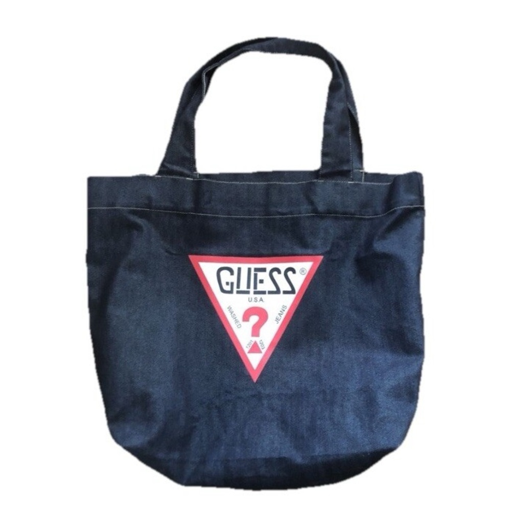 Vintage GUESS Denim Tote Bag Y2K 90s Classic Red Triangle Logo